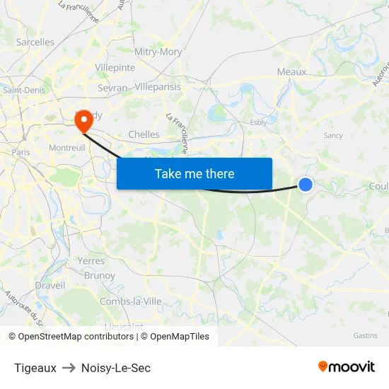 Tigeaux to Noisy-Le-Sec map