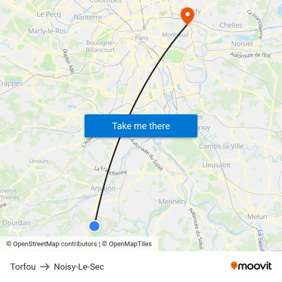 Torfou to Noisy-Le-Sec map