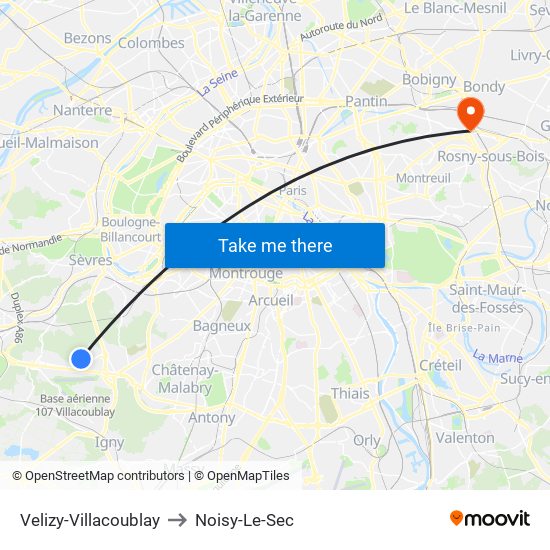 Velizy-Villacoublay to Noisy-Le-Sec map