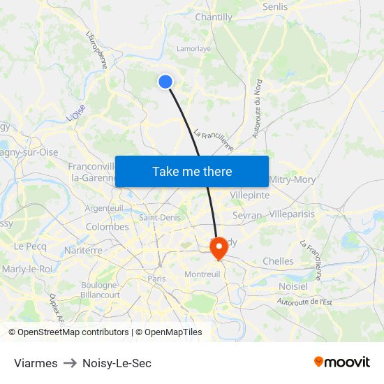 Viarmes to Noisy-Le-Sec map