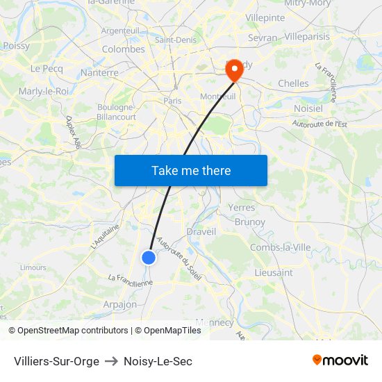Villiers-Sur-Orge to Noisy-Le-Sec map