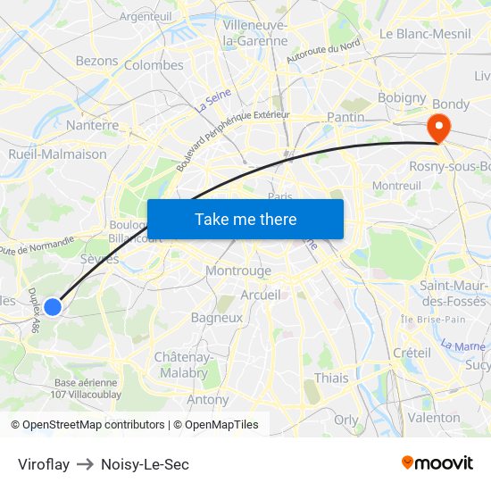 Viroflay to Noisy-Le-Sec map