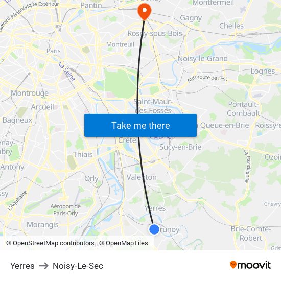 Yerres to Noisy-Le-Sec map