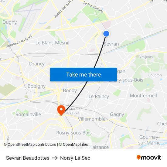 Sevran Beaudottes to Noisy-Le-Sec map