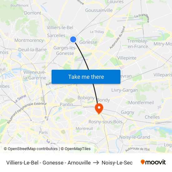 Villiers-Le-Bel - Gonesse - Arnouville to Noisy-Le-Sec map