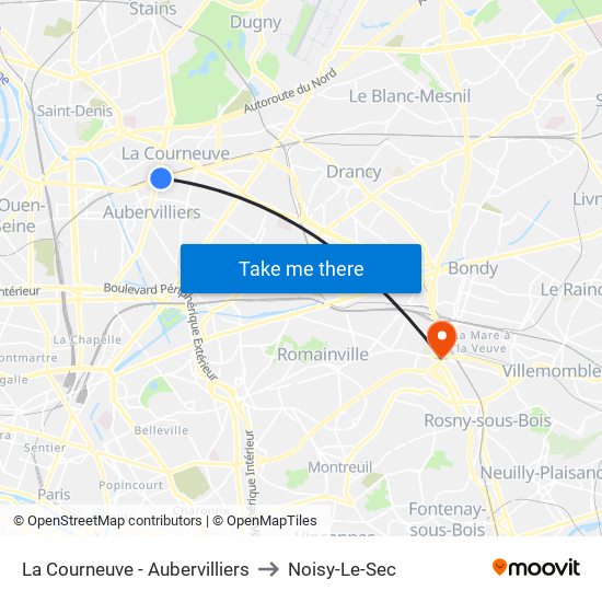 La Courneuve - Aubervilliers to Noisy-Le-Sec map
