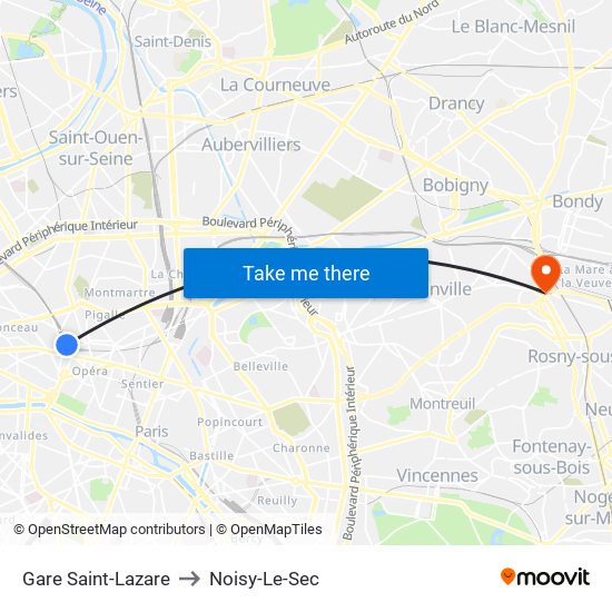 Gare Saint-Lazare to Noisy-Le-Sec map