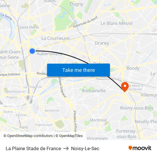 La Plaine Stade de France to Noisy-Le-Sec map