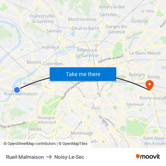 Rueil-Malmaison to Noisy-Le-Sec map