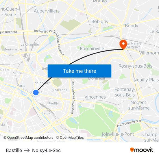 Bastille to Noisy-Le-Sec map