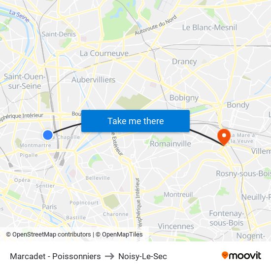 Marcadet - Poissonniers to Noisy-Le-Sec map