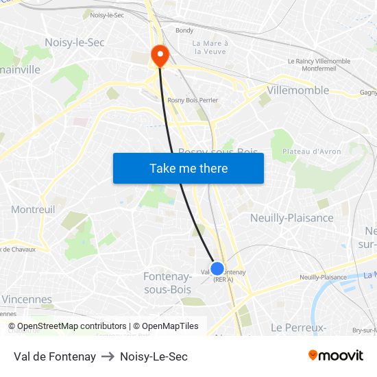 Val de Fontenay to Noisy-Le-Sec map
