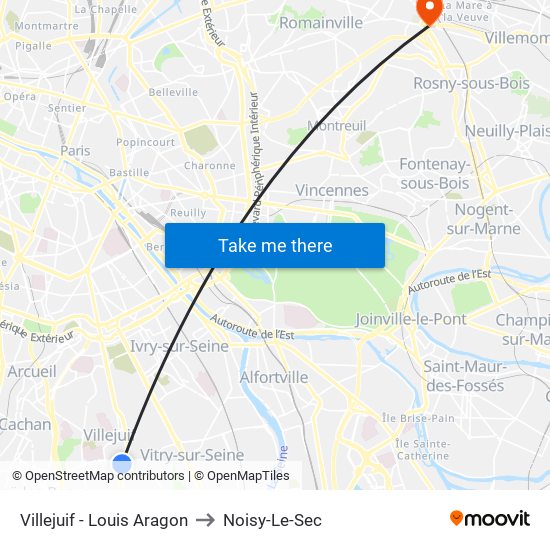Villejuif - Louis Aragon to Noisy-Le-Sec map