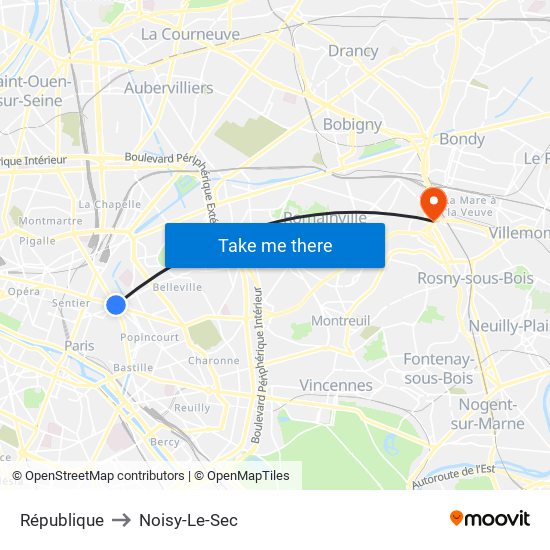 République to Noisy-Le-Sec map