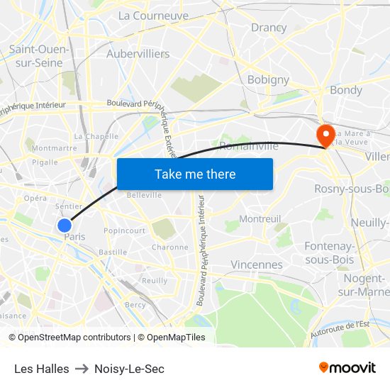 Les Halles to Noisy-Le-Sec map