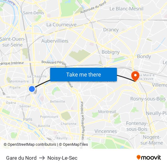 Gare du Nord to Noisy-Le-Sec map