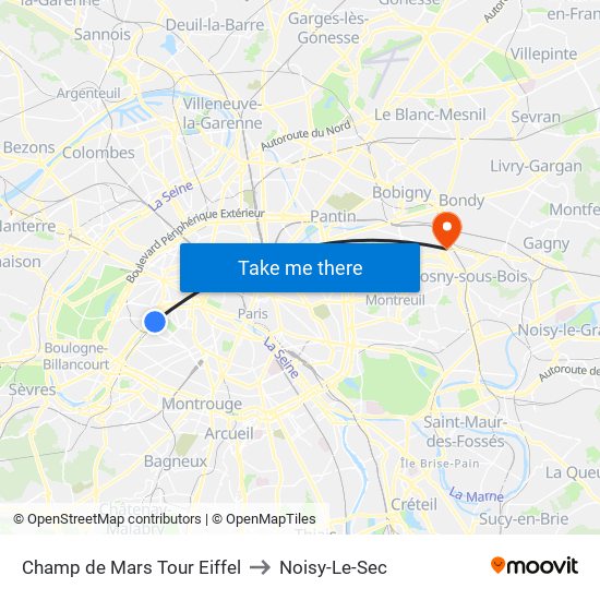 Champ de Mars Tour Eiffel to Noisy-Le-Sec map