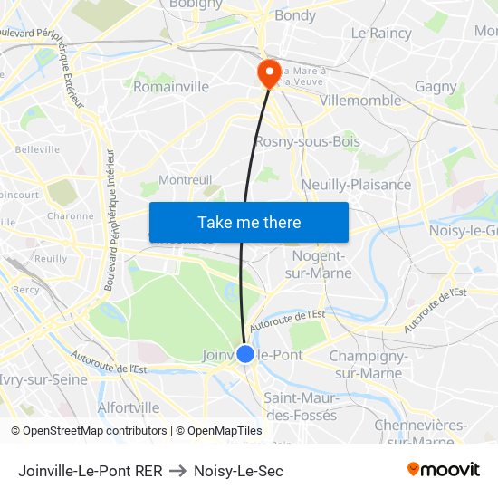 Joinville-Le-Pont RER to Noisy-Le-Sec map