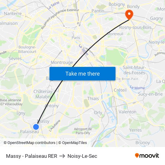 Massy - Palaiseau RER to Noisy-Le-Sec map