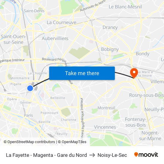 La Fayette - Magenta - Gare du Nord to Noisy-Le-Sec map