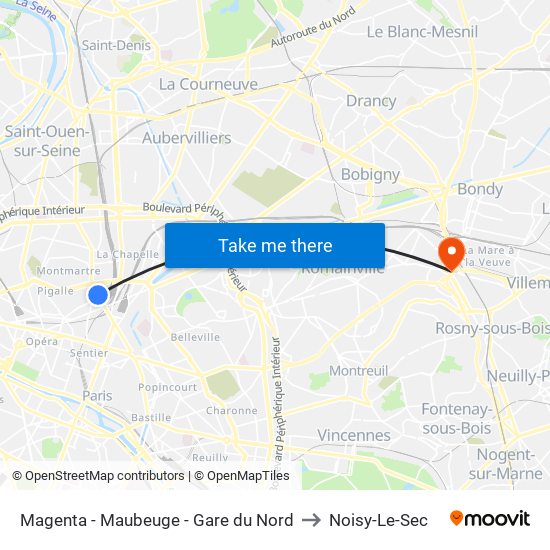 Magenta - Maubeuge - Gare du Nord to Noisy-Le-Sec map