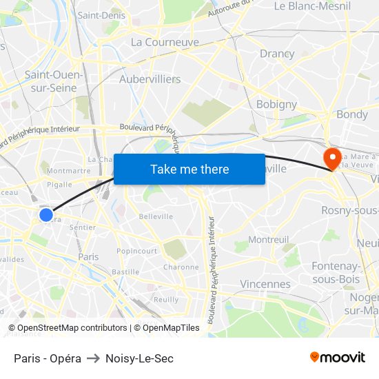 Paris - Opéra to Noisy-Le-Sec map