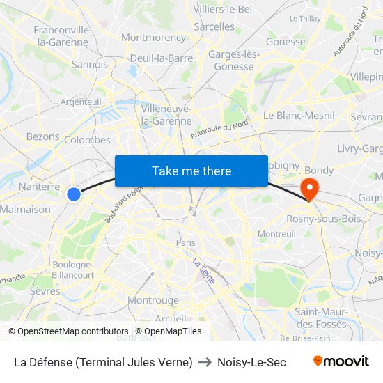La Défense (Terminal Jules Verne) to Noisy-Le-Sec map