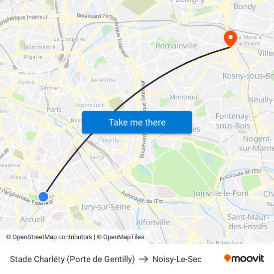 Stade Charléty (Porte de Gentilly) to Noisy-Le-Sec map