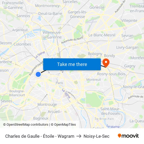 Charles de Gaulle - Étoile - Wagram to Noisy-Le-Sec map