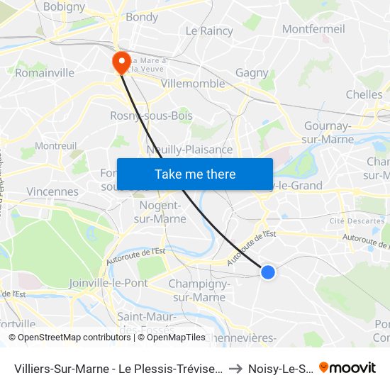 Villiers-Sur-Marne - Le Plessis-Trévise RER to Noisy-Le-Sec map