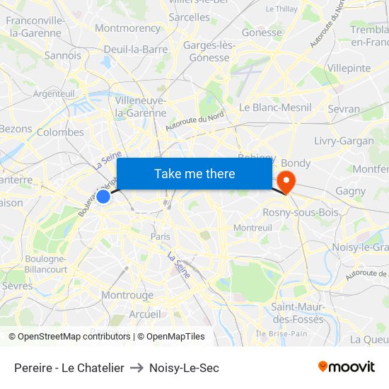 Pereire - Le Chatelier to Noisy-Le-Sec map