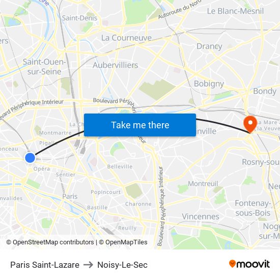 Paris Saint-Lazare to Noisy-Le-Sec map