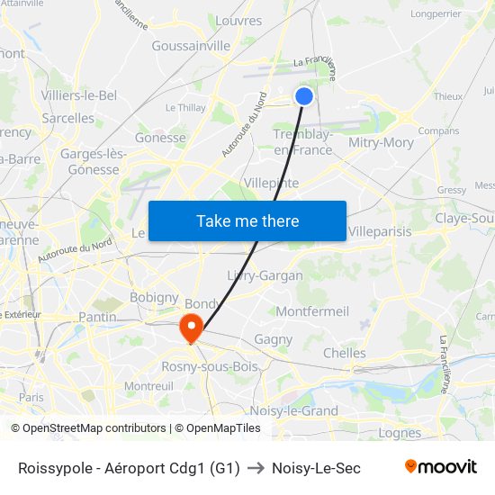 Roissypole - Aéroport Cdg1 (G1) to Noisy-Le-Sec map