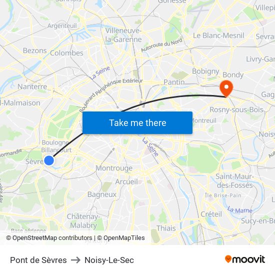 Pont de Sèvres to Noisy-Le-Sec map
