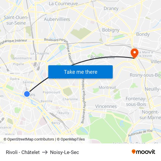 Rivoli - Châtelet to Noisy-Le-Sec map