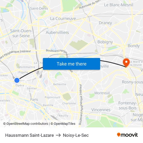 Haussmann Saint-Lazare to Noisy-Le-Sec map