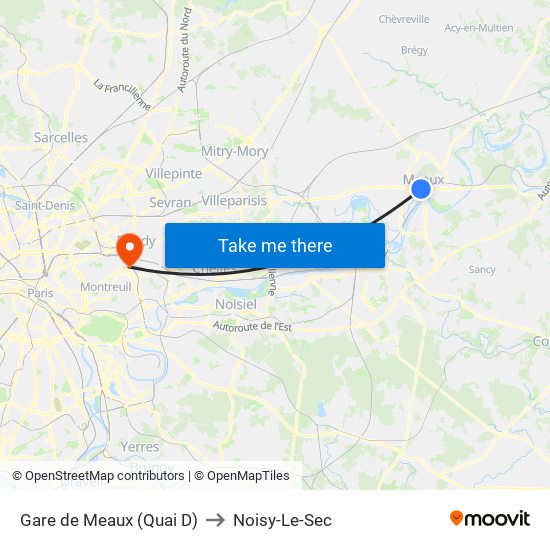 Gare de Meaux (Quai D) to Noisy-Le-Sec map