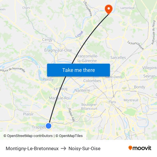 Montigny-Le-Bretonneux to Noisy-Sur-Oise map