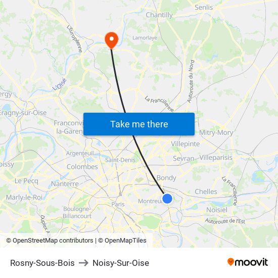 Rosny-Sous-Bois to Noisy-Sur-Oise map