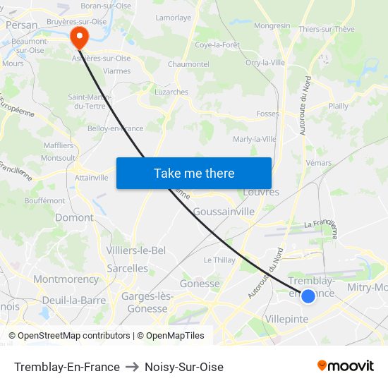 Tremblay-En-France to Noisy-Sur-Oise map