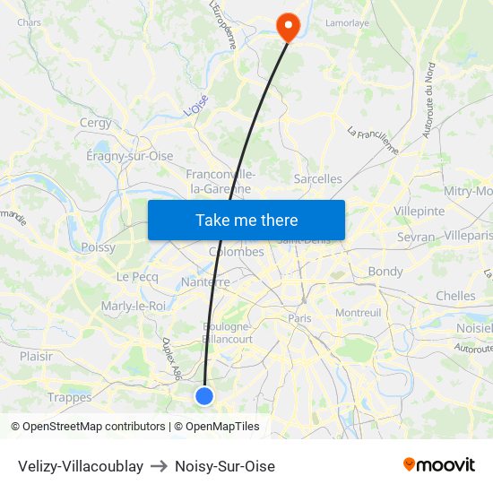 Velizy-Villacoublay to Noisy-Sur-Oise map