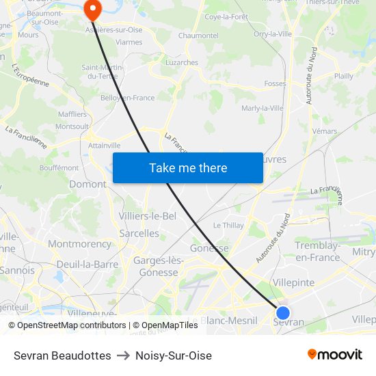 Sevran Beaudottes to Noisy-Sur-Oise map