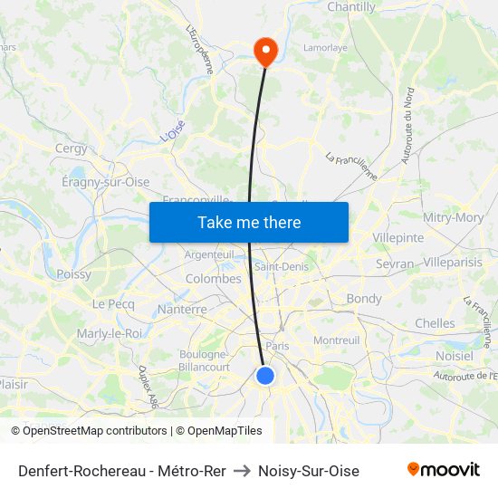 Denfert-Rochereau - Métro-Rer to Noisy-Sur-Oise map