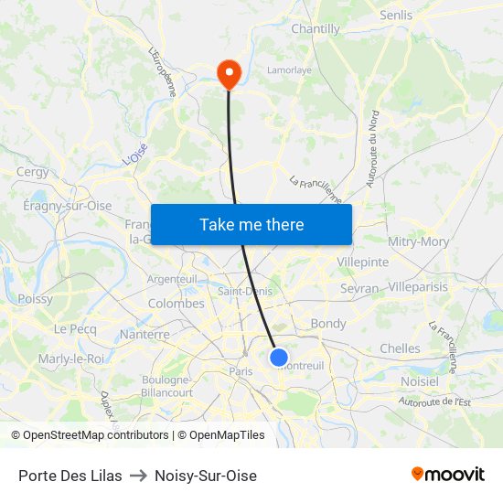 Porte Des Lilas to Noisy-Sur-Oise map