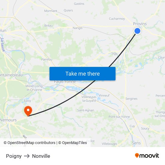 Poigny to Nonville map