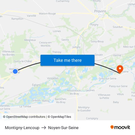 Montigny-Lencoup to Noyen-Sur-Seine map