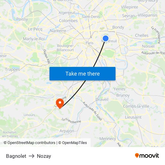 Bagnolet to Nozay map