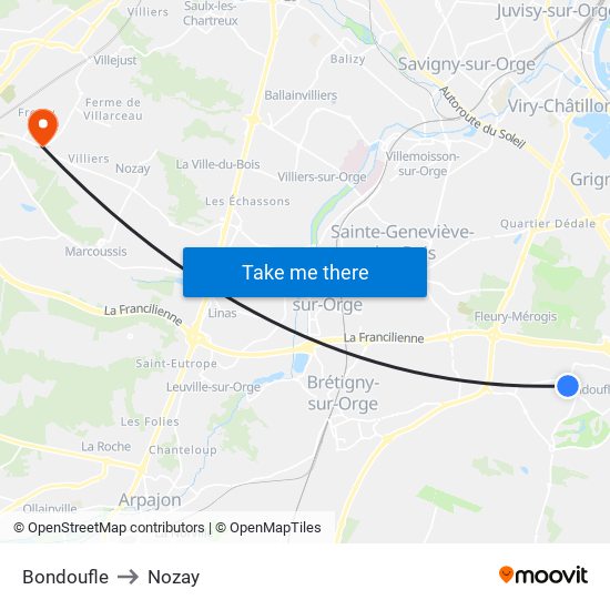 Bondoufle to Nozay map