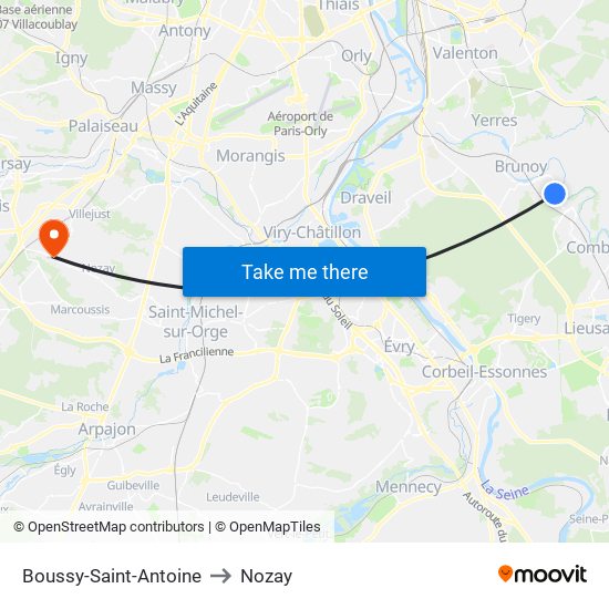 Boussy-Saint-Antoine to Nozay map