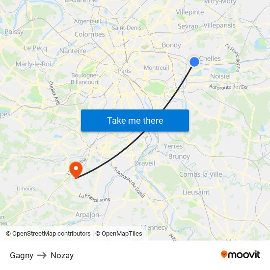 Gagny to Nozay map